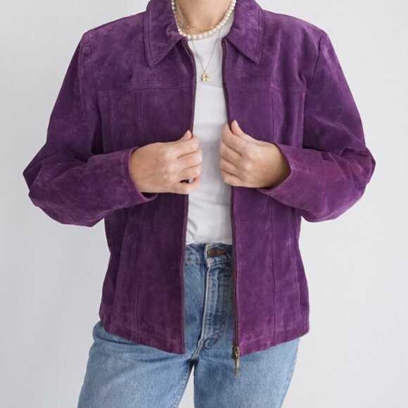 Vintage Coldwater Creek Purple 100% Suede Leather Zip Moto Biker Jacket L - Picture 2 of 12